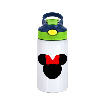 Minnie head, Children's hot water bottle, stainless steel, with safety straw, green, blue (350ml)