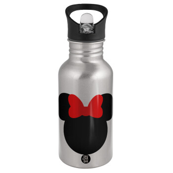 Minnie head, Water bottle Silver with straw, stainless steel 500ml