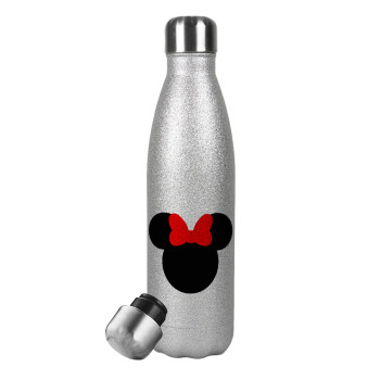 Minnie head, Μεταλλικό παγούρι θερμός Glitter Aσημένιο (Stainless steel), διπλού τοιχώματος, 500ml
