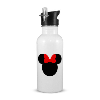 Minnie head, White water bottle with straw, stainless steel 600ml