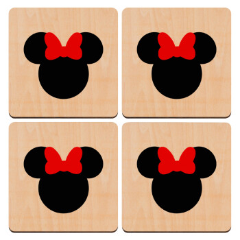 Minnie head, ΣΕΤ x4 Σουβέρ ξύλινα τετράγωνα plywood (9cm)