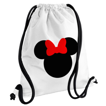 Minnie head, Backpack pouch GYMBAG white, with pocket (40x48cm) & thick cords
