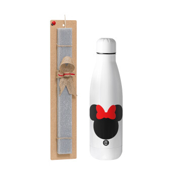 Minnie head, Easter Set, metallic stainless thermos bottle (500ml) & scented flat Easter candle (30cm) (GRAY)