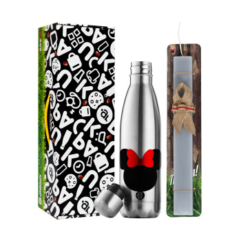 Minnie head, Easter Set, metallic stainless thermos flask (500ml) & scented flat Easter candle (30cm) (GRAY)