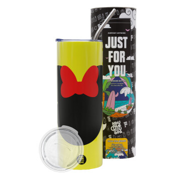 Minnie head, Neon Yellow Travel Tumbler θερμό, μεταλλικό καλαμάκι(Ανωξείδωτο 304 Food grade, BPA free, 600ml)