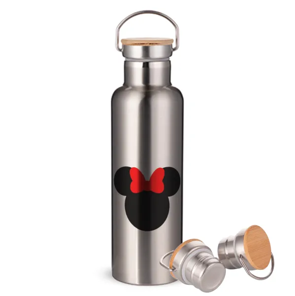 Minnie head — Μεταλλικό παγούρι θερμός (Stainless steel) Ασημένιο με ξύλινο καπακι (bamboo), διπλού τοιχώματος, 750ml