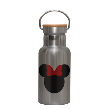 Minnie head, Stainless steel metallic thermos flask, silver with a bamboo lid, double-walled, 350ml.