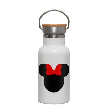 Minnie head, Metallic thermos (Stainless steel) White with wooden lid (bamboo), double-walled, 350ml