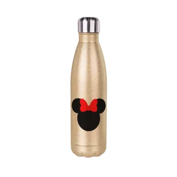 Minnie head, Glitter gold stainless steel thermos bottle, double-walled, 500ml