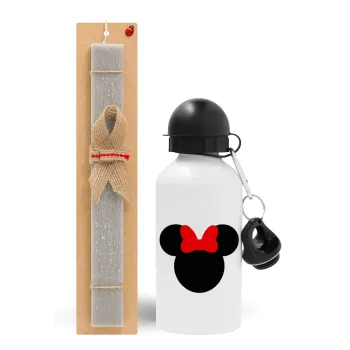 Minnie head, Πασχαλινή Λαμπάδα με παγούρι μεταλλικό  αλουμινίου (500ml) & κερί αρωματικό πλακέ (30cm) (ΓΚΡΙ)