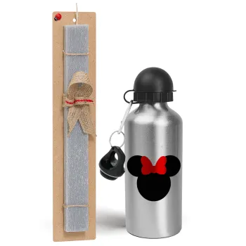 Minnie head, Easter Set, metallic silver aluminum water bottle (500ml) & aromatic flat Easter candle (30cm) (GRAY)