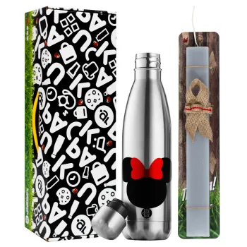 Minnie head, Easter Set, metallic stainless thermos flask (500ml) & scented flat Easter candle (30cm) (GRAY)