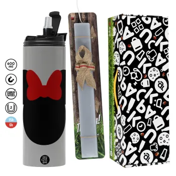Minnie head, Πασχαλινή Λαμπάδα με Travel Tumbler θερμό (600ml, BPA free) & κερί αρωματικό πλακέ (30cm) (ΓΚΡΙ)