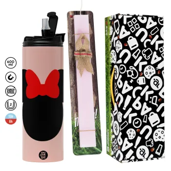 Minnie head, Πασχαλινή Λαμπάδα με  ΡΟΖ Travel Tumbler θερμό (600ml, BPA free) & κερί αρωματικό πλακέ (30cm) (ΡΟΖ)
