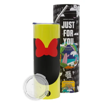 Minnie head, Neon Yellow Travel Tumbler θερμό, μεταλλικό καλαμάκι(Ανωξείδωτο 304 Food grade, BPA free, 600ml)