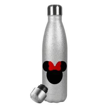 Minnie head, Μεταλλικό παγούρι θερμός Glitter Aσημένιο (Stainless steel), διπλού τοιχώματος, 500ml