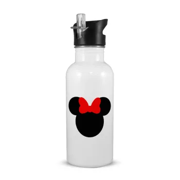 Minnie head, Παγούρι νερού Λευκό με καλαμάκι, ανοξείδωτο ατσάλι 600ml