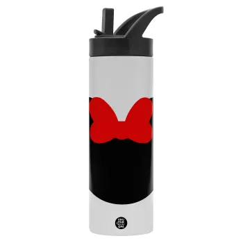 Minnie head, Metallic thermos bottle with straw & handle, stainless steel (Stainless steel 304), double-walled, 600ml.