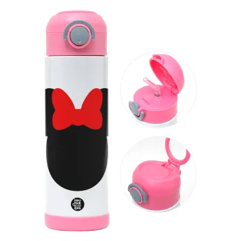 Minnie head, Children's hot water bottle, stainless steel, with safety straw, PINK (500ml)