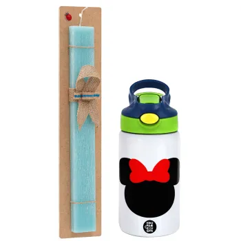 Minnie head, Easter Set, Children's thermal stainless steel bottle with safety straw, green/blue (350ml) & aromatic flat Easter candle (30cm) (TURQUOISE)