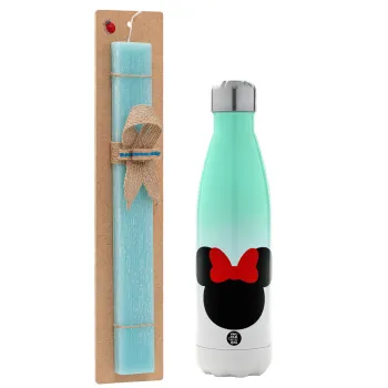 Minnie head, Easter Set, Metallic green/white thermos (Stainless steel), double-walled, 500ml & scented flat Easter candle (30cm) (TURQUOISE)
