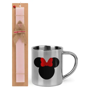 Minnie head, Πασχαλινή Λαμπάδα με μεταλλική κούπα θερμό (300ml) & κερί αρωματικό πλακέ (30cm) (ΡΟΖ)
