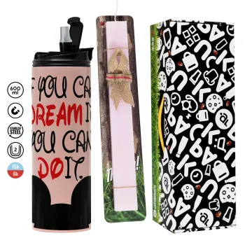 If you can dream it, you can do it, Πασχαλινή Λαμπάδα με  ΡΟΖ Travel Tumbler θερμό (600ml, BPA free) & κερί αρωματικό πλακέ (30cm) (ΡΟΖ)