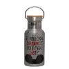 Stainless steel metallic thermos flask, silver with a bamboo lid, double-walled, 350ml.