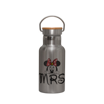 Minnie Mrs, Stainless steel metallic thermos flask, silver with a bamboo lid, double-walled, 350ml.
