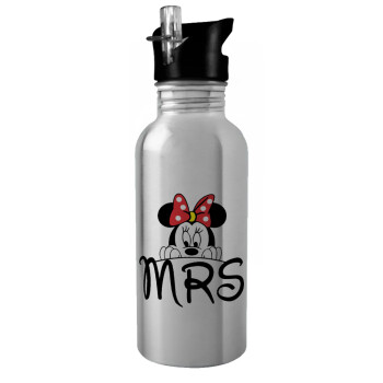 Minnie Mrs, Water bottle Silver with straw, stainless steel 600ml
