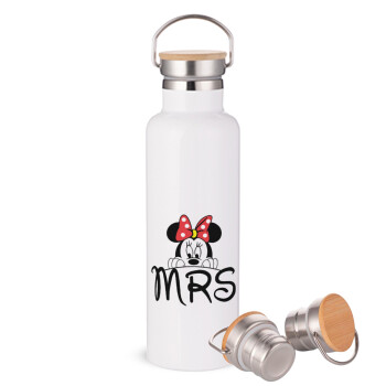 Minnie Mrs, Μεταλλικό παγούρι θερμός (Stainless steel) Λευκό με ξύλινο καπάκι (bamboo), διπλού τοιχώματος, 750ml