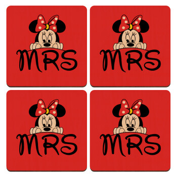 Minnie Mrs, ΣΕΤ x4 Σουβέρ ξύλινα τετράγωνα plywood (9cm)