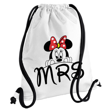 Minnie Mrs, Τσάντα πλάτης πουγκί GYMBAG λευκή, με τσέπη (40x48cm) & χονδρά κορδόνια