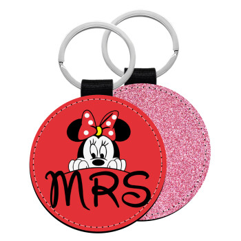 Minnie Mrs, Μπρελόκ Δερματίνη, στρογγυλό ΡΟΖ (5cm)