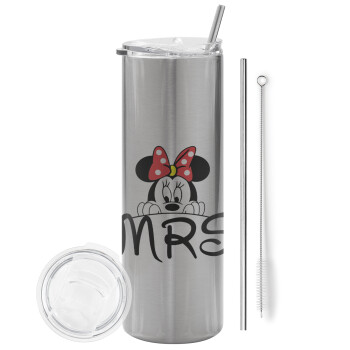 Minnie Mrs, Eco friendly stainless steel Silver tumbler 600ml, with metal straw & cleaning brush