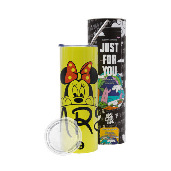 Minnie Mrs, Neon Yellow Travel Tumbler θερμό, μεταλλικό καλαμάκι(Ανωξείδωτο 304 Food grade, BPA free, 600ml)