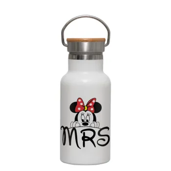 Minnie Mrs, Metallic thermos (Stainless steel) White with wooden lid (bamboo), double-walled, 350ml