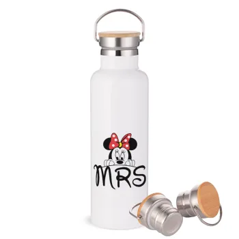 Minnie Mrs, Μεταλλικό παγούρι θερμός (Stainless steel) Λευκό με ξύλινο καπάκι (bamboo), διπλού τοιχώματος, 750ml