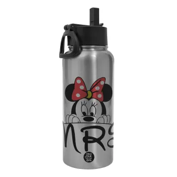Minnie Mrs, Metal mug thermo Silver with Straw and Spout Lid (Stainless steel), double wall, 950ml