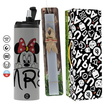 Minnie Mrs, Πασχαλινή Λαμπάδα με Travel Tumbler θερμό (600ml, BPA free) & κερί αρωματικό πλακέ (30cm) (ΓΚΡΙ)