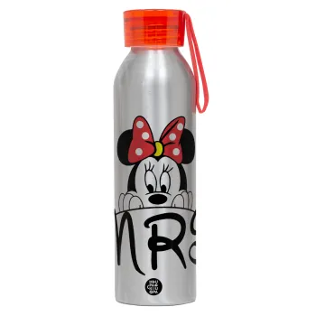 Minnie Mrs, Αλουμινένιο Αθλητικό Μπουκάλι 650ml – Ασημί με Κόκκινο Καπάκι και Λουράκι Σιλικόνης