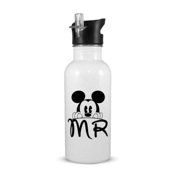 Mikey Mr, White water bottle with straw, stainless steel 600ml