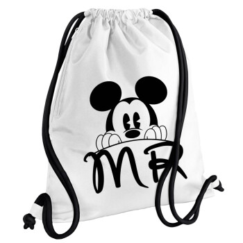Mikey Mr, Backpack pouch GYMBAG white, with pocket (40x48cm) & thick cords