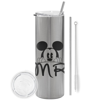 Mikey Mr, Eco friendly stainless steel Silver tumbler 600ml, with metal straw & cleaning brush