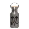 Stainless steel metallic thermos flask, silver with a bamboo lid, double-walled, 350ml.