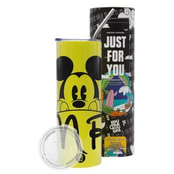 Mikey Mr, Neon Yellow Travel Tumbler θερμό, μεταλλικό καλαμάκι(Ανωξείδωτο 304 Food grade, BPA free, 600ml)