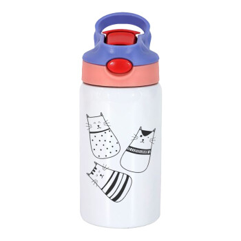 Cute cats, Children's hot water bottle, stainless steel, with safety straw, pink/purple (350ml)