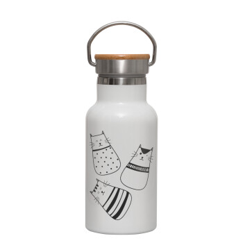 Cute cats, Metallic thermos (Stainless steel) White with wooden lid (bamboo), double-walled, 350ml
