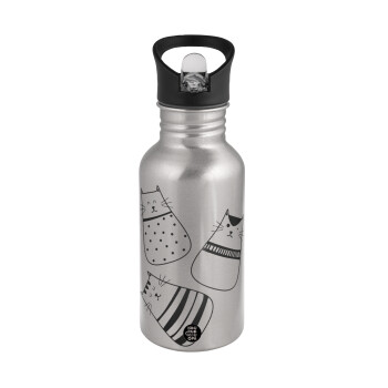 Cute cats, Water bottle Silver with straw, stainless steel 500ml