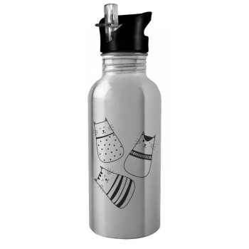 Cute cats, Water bottle Silver with straw, stainless steel 600ml